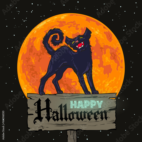 Halloween black cat on full moon background.