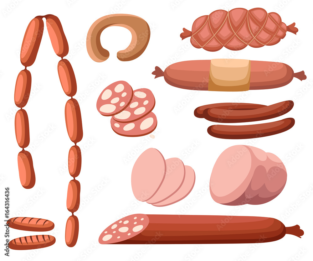 Meat and sausages Set of fresh and prepared meat. Beef, pork, salted lard and bologna and salami sausages. Modern flat style realistic vector illustration icons isolated on white background. Meat and sausages Set of fresh and prepared meat. Beef, pork, salted lard and bologna and salami sausages. Modern flat style realistic vector illustration icons isolated on white background.