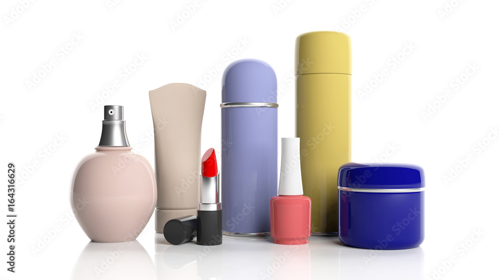Set of cosmetics products on white background. 3d illustration Set of cosmetics products on white background. 3d illustration