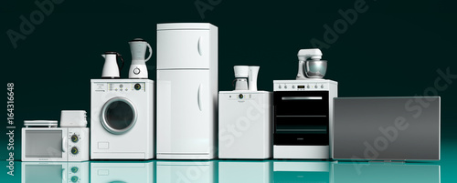 Konstfotografi Home appliances on green blue floor. 3d illustration