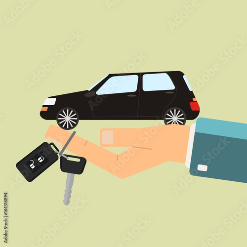 Car rental or sale concept. Hand hold car and car key. Vector illustration.