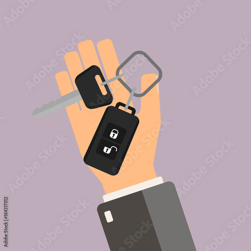 Car rental or sale concept. Hand hold car key. Vector illustration.