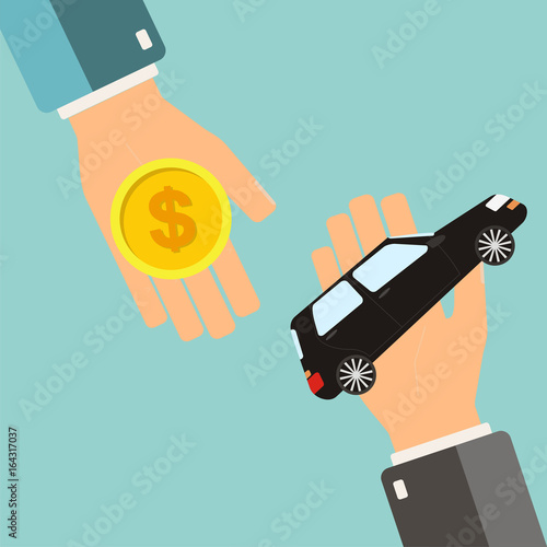 Car rental or sale concept. Hand holding car, another hand holding money. Vector illustration.