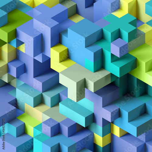 3d render  abstract geometric background  colorful constructor  logic game  cubic mosaic structure  isometric wallpaper  blue green cubes