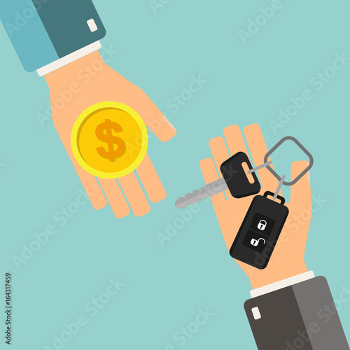 Car rental or sale concept. Hand holding car key, another hand holding money. Vector illustration.