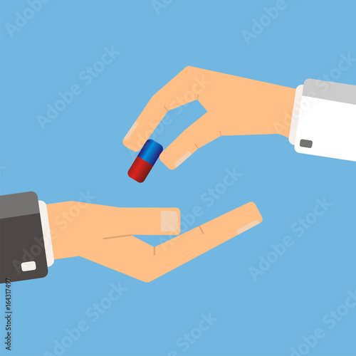 Doctor giving medicine capsule to patient. Healthcare concept. Vector illustration.