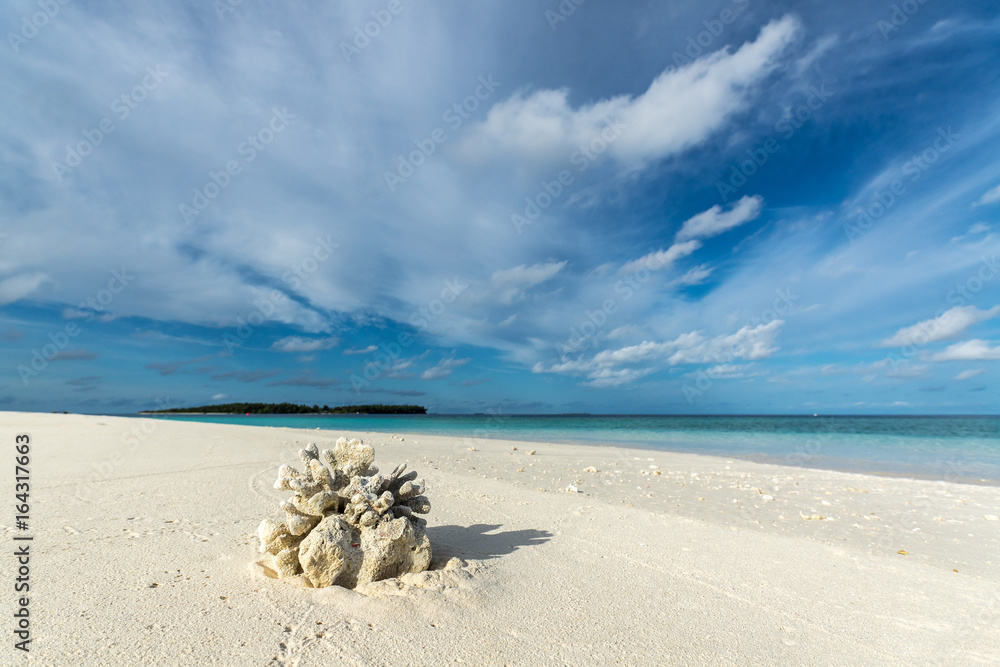 Beautiful seascape with white sand beach and beautiful turquoise sea with the bleached coral in foreground. Summer background. Beautiful seascape with white sand beach and beautiful turquoise sea with the bleached coral in foreground. Summer background.