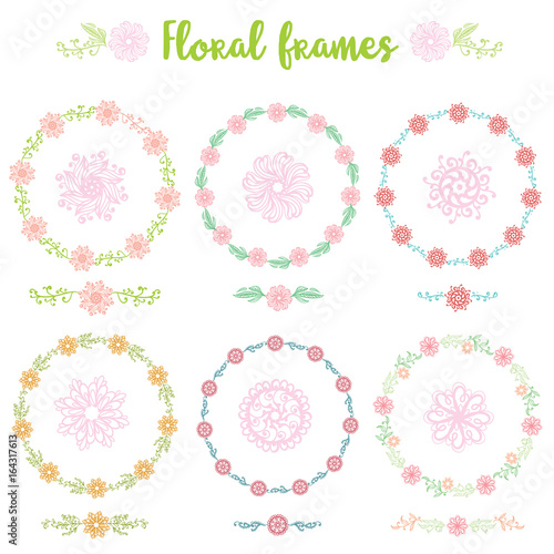 Floral frame collection set of cute retro flowers arranged un a shape of the wreath perfect