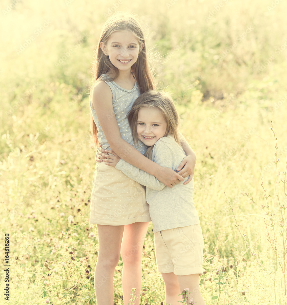 sibling sisters hugging each in the field sibling sisters hugging each in the field