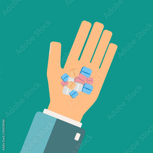 Hand holding medical pills. Healthcare concept. Vector Illustration