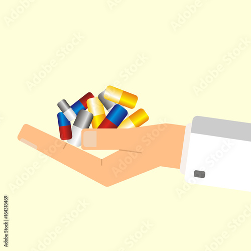 Doctor's hand holding pills. Health Care concept. Vector Illustration