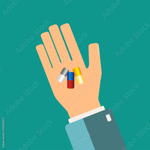 Hand holding medical capsule. Healthcare concept. Vector Illustration