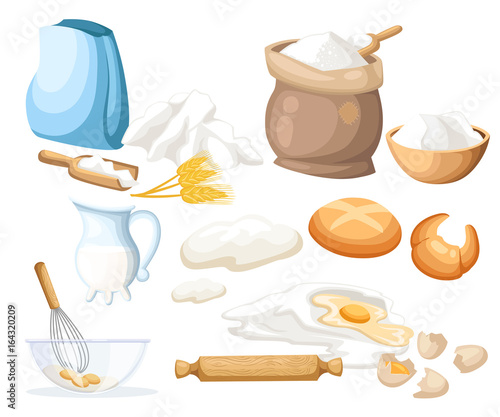 Cooking vector illustration. Kitchen utensils. Food sugar salt flour starch oil butter baking soda baking powde, vinegar eggs Web site page and mobile app design vector element