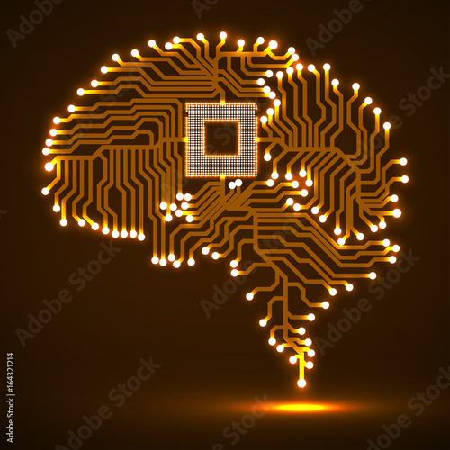 Abstract technological glowing brain. Cpu. Circuit board. Vector illustration. Eps 10