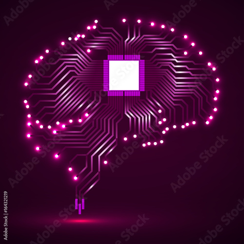 Abstract technological glowing brain. Cpu. Circuit board. Vector illustration. Eps 10