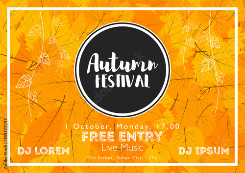 Fall Festival template. Bright colourful autumn leaves on horizontal background. Template for holidays, concerts and parties. Autumn theme