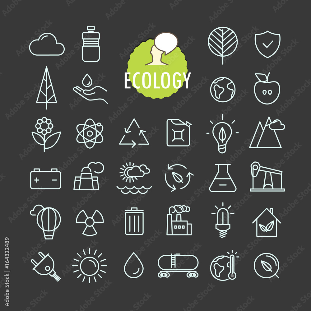 Different ecology icons vector collection. Web and mobile app outline icons set on dark background Different ecology icons vector collection. Web and mobile app outline icons set on dark background