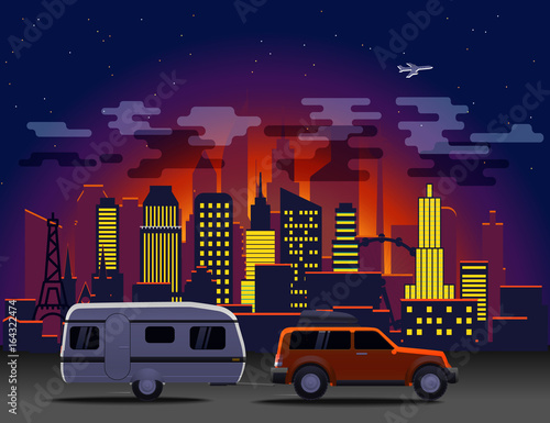 Travelling car in modern city with night illumination