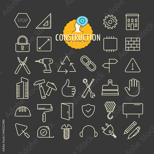 Different construction icons vector collection. Web and mobile app outline icons set on dark background
