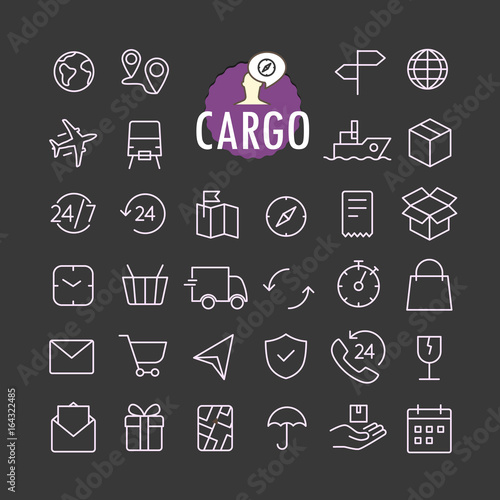 Different cargo icons vector collection. Web and mobile app outline icons set on dark background