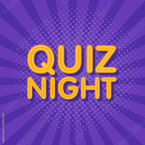 Quiz Night neon light sign in retro twist background with stars. Poster template vector illustration