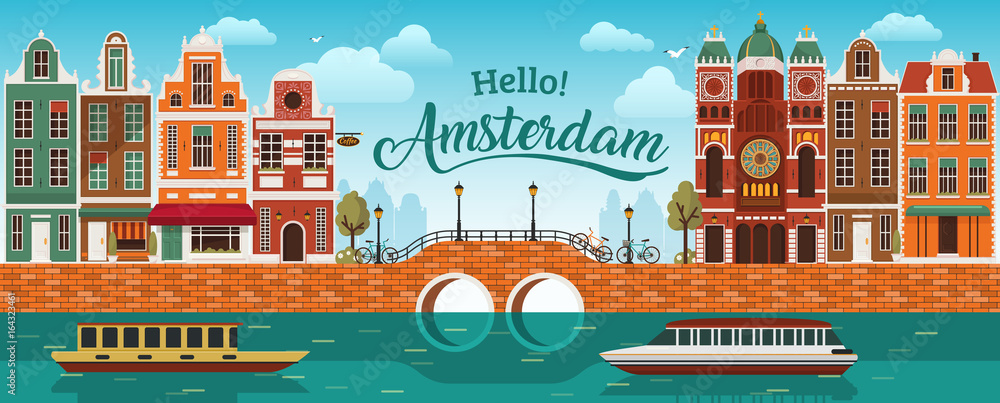Flat Amsterdam panorama Holland, River sea canal channel bridge boat embankment bicycle multi color street. - obrazy, fototapety, plakaty 