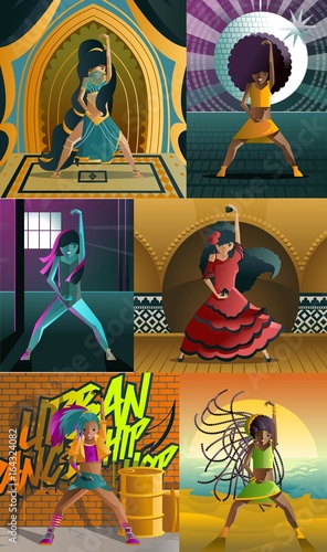 flamenco, classical, arabian, funky disco, samba and hip hop dancers