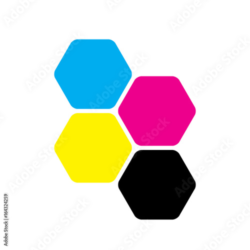 Four hexagons in CMYK colors. Printer theme. Vector illustration.