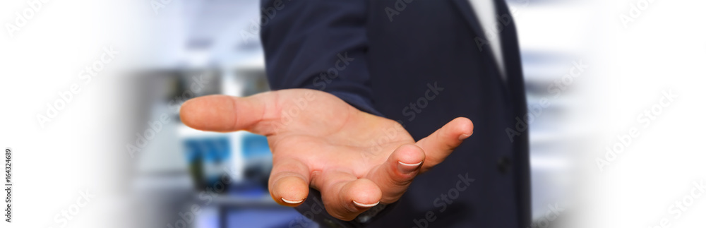 Panorama view of empty businessman hand Panorama view of empty businessman hand
