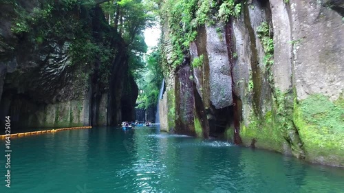 POV of Takachiho, Manai fall of gorge creek. Shot from the moving boat.
