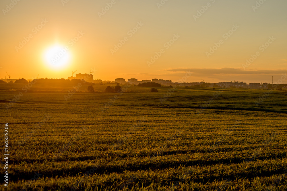 Sunset in field on background of the city Sunset in field on background of the city