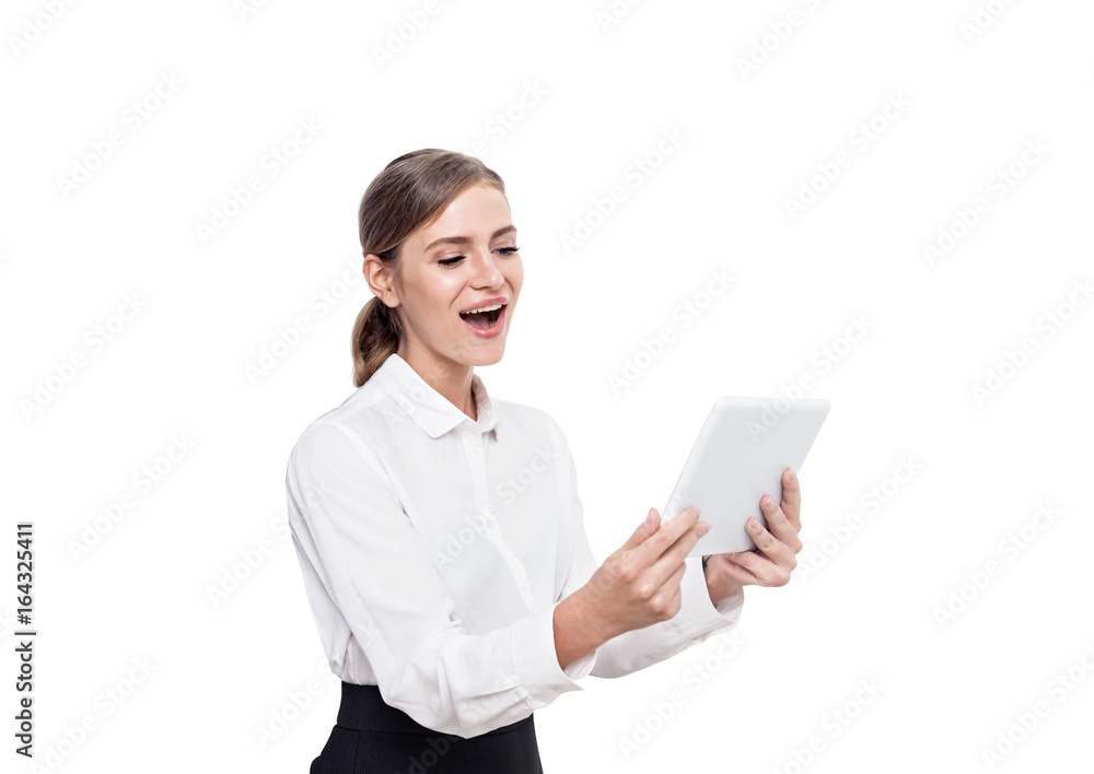 Happy blond woman with a tablet, isolated Happy blond woman with a tablet, isolated