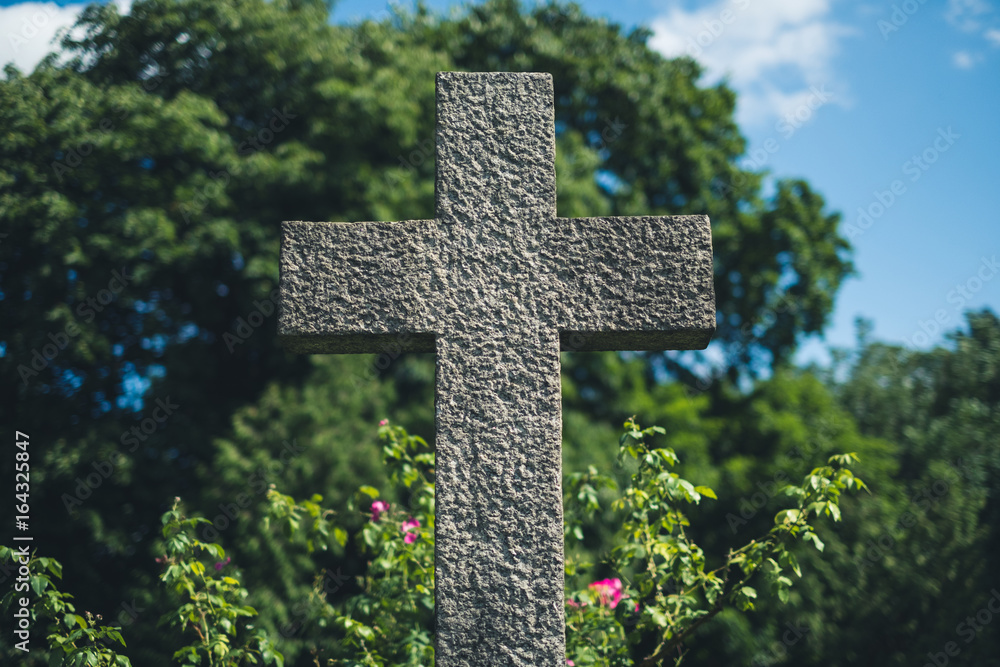  stone cross on grave, gravestone on cemetery