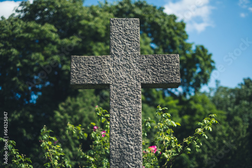  stone cross on grave, gravestone on cemetery