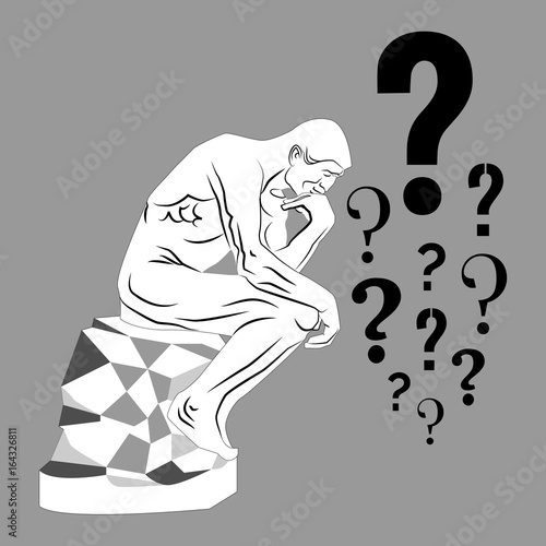 Thinking man and a lot of question marks. Vector illustration.
