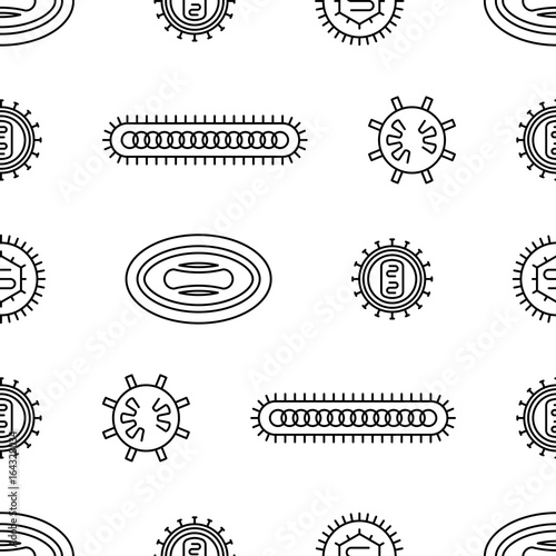 Repeating seamless pattern of bacteria and viruses. Pattern in a outline style