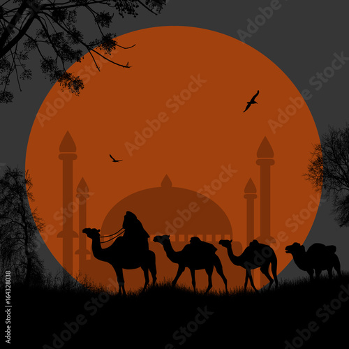 Abstract colorful background with bedouins riding camel and mosque