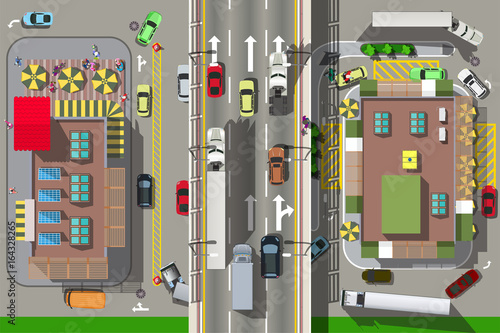 Top view city scape with two fast food restaurants near speedway