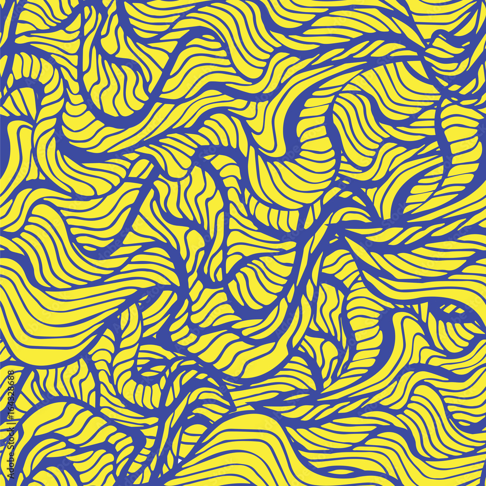Marine seamless pattern with stylized blue waves on a light background. Water Wave abstract design.Blue lines on the yellow background