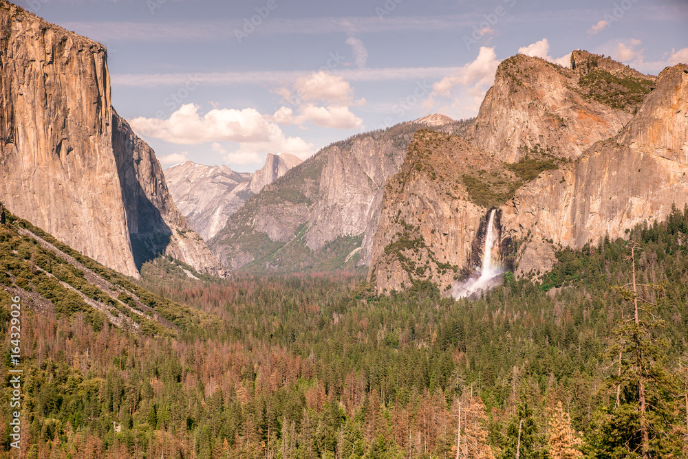 View of Yosemite Valley from Tunnel View point - view to Bridal veil falls, El Capitan and Half Dome - Yosemite National Park in California, USA