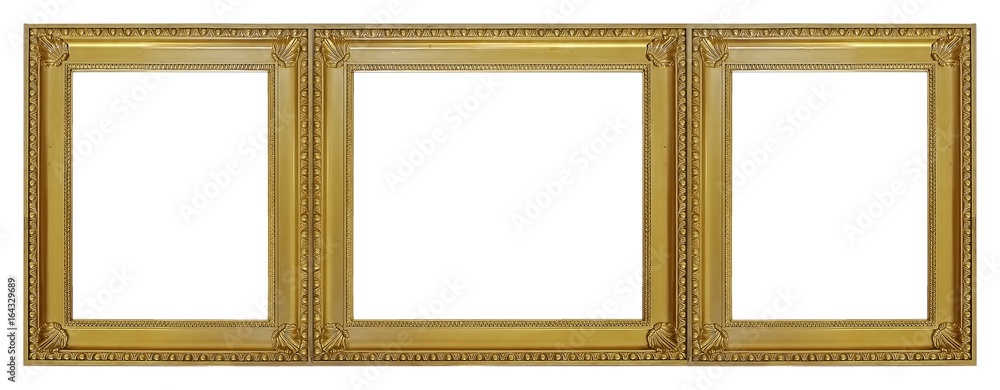 Gold frame of three parts (triptych) on a white background for paintings, mirrors or photos Gold frame of three parts (triptych) on a white background for paintings, mirrors or photos