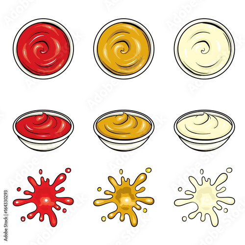 Mayonnaise, ketchup and mustard. A set of sauces. Realistic illustration isolated on white background. Vector drawing for the menu of a cafe of fast food, restaurants or posters.