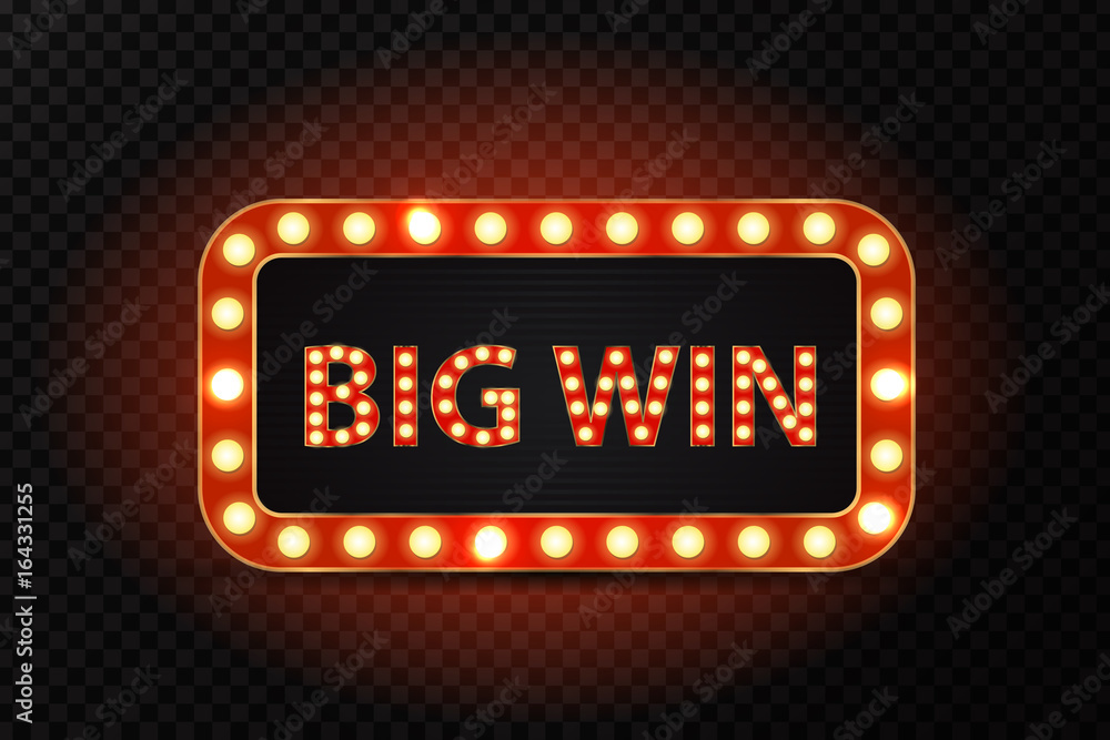 Vector retro neon billboard for big win with glowing lamps on the transparent background. Concept of winner, casino and award ceremony.