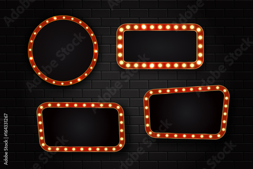 Vector set of realistic isolated retro sign neon billboards on the wall background. Template for vintage decoration and signboard.