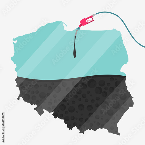 Map of Poland being fueled by oil. Gas pump fueled map. On the map there is glass reflection. Conceptual. Oil producing or importing countries.