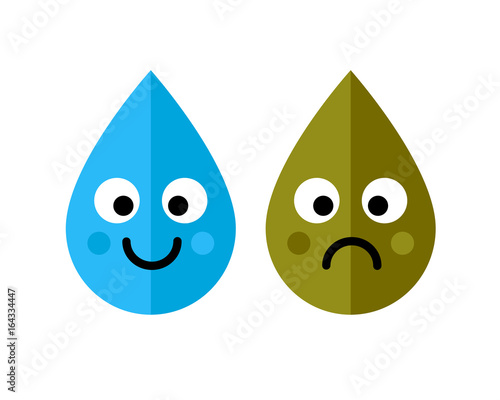 Clean and dirty water drops characters icon isolated on white background. Ecology concept.