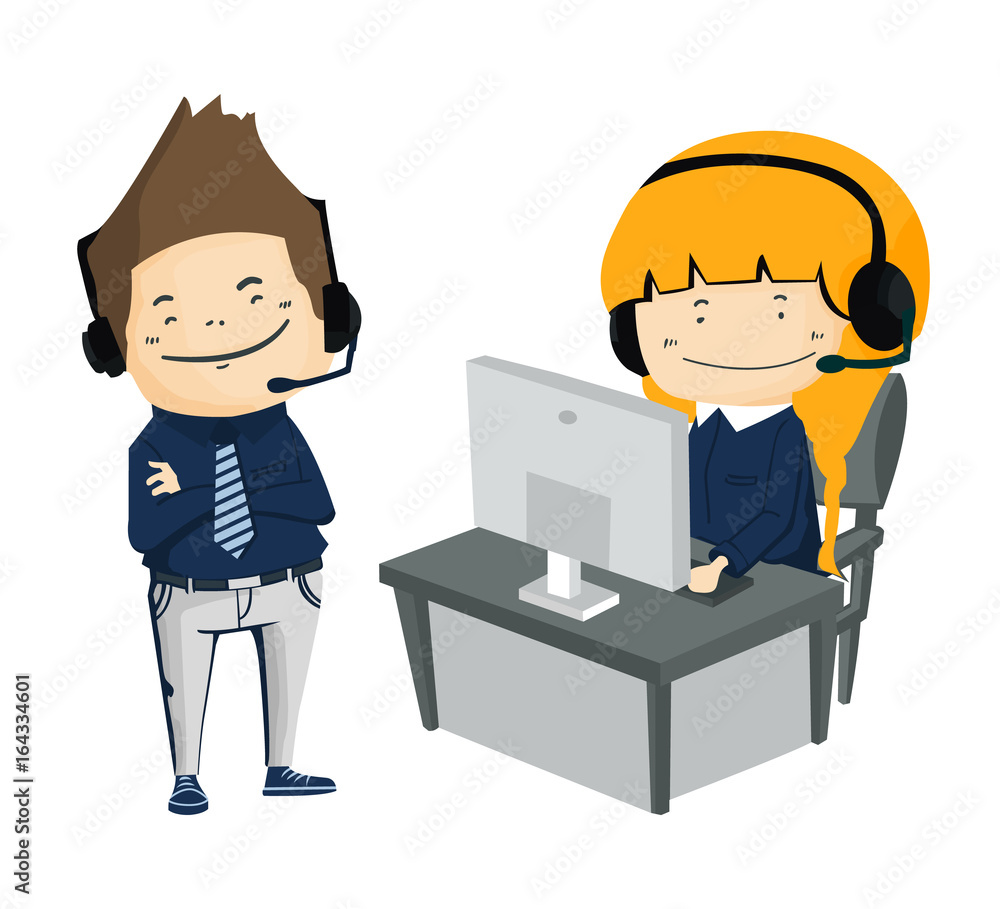 Customer service representative at computer in headset. Online support.  Cartoon phone operator. Individual approach. Call center character. vector  illustrator Stock Vector | Adobe Stock