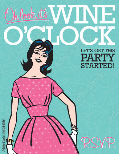 Wine O’Clock Retro Party Invitation
Vector wine oclock party invitation template featuring retro woman and vintage 1950s style graphics. Just add your party details!