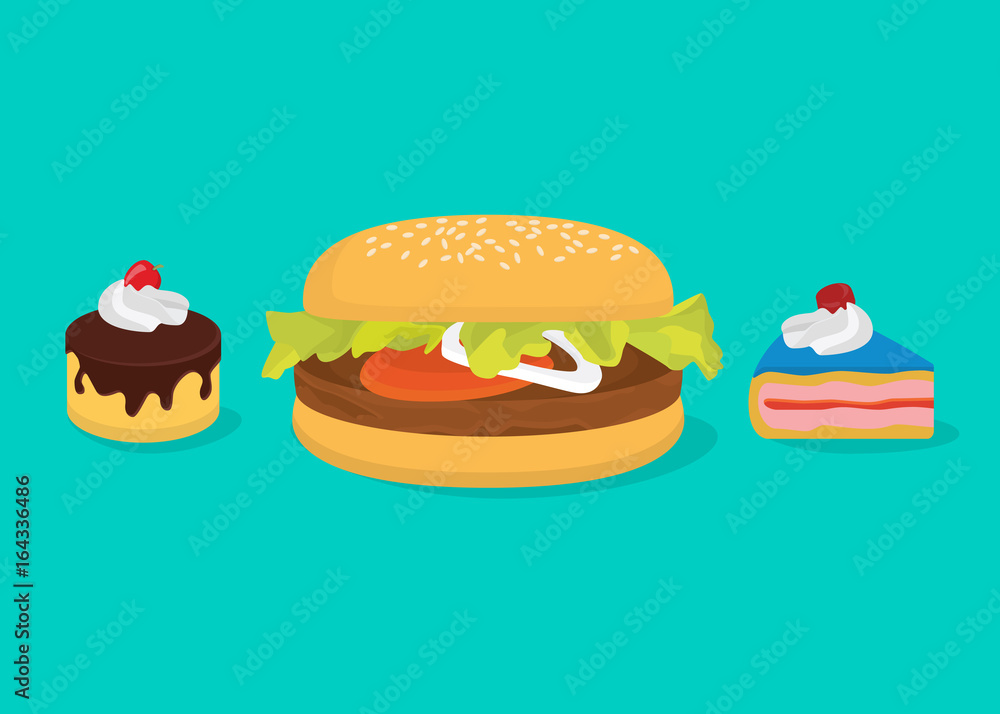 big calories concept with hamburger and cakes big calories concept with hamburger and cakes