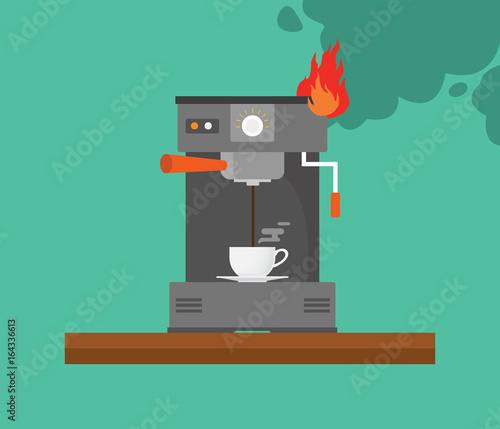 broken coffee machine with smoke and fire